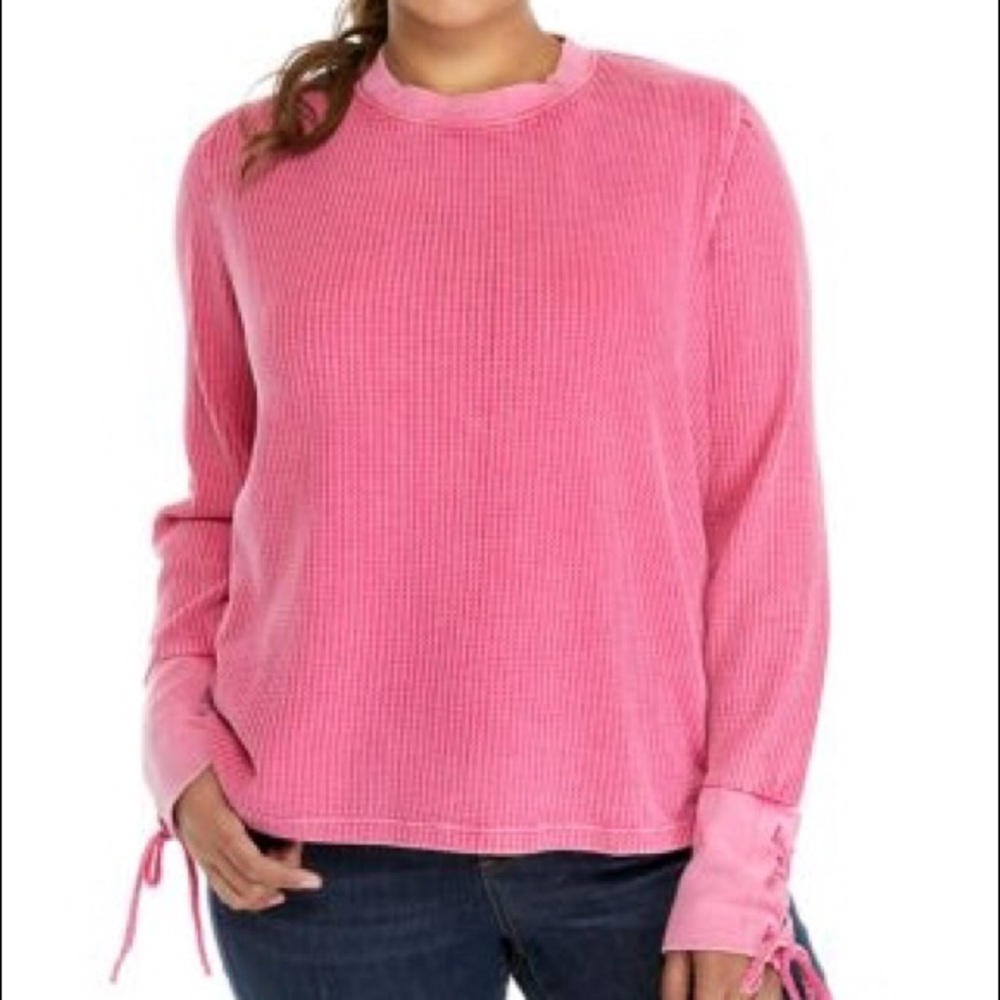 TRUE CRAFT Pink Lace Up Cuff Pullover Sweater